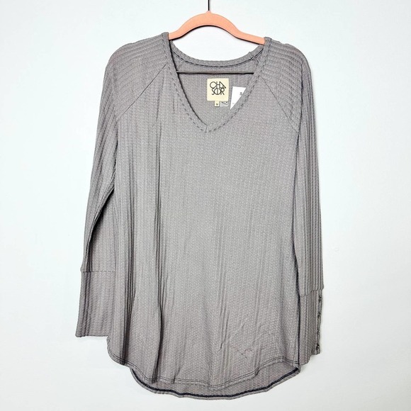 Chaser NWT Waffle Knit Long Sleeve Thermal V-Neck Tunic Top Tan Size Medium - Picture 1 of 5